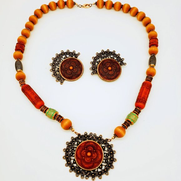 Lady Remington Vtg Necklace and Earring Set 26” Boho Wooden Beaded Jewelry - Picture 3 of 9